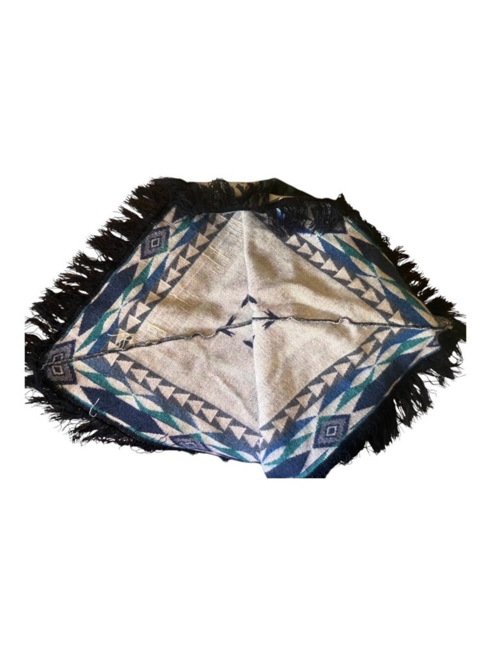 Ecuadorian Poncho Kids 8 Handmade Alpaca Wool Hood & Fringe Blue White Turquoise - Picture 7 of 12